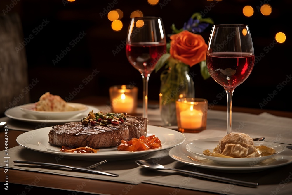 A delicious steak dinner with two glasses of red wine.