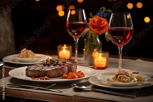 A delicious steak dinner with two glasses of red wine.