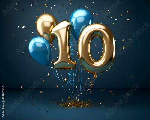 Number 10 gold and blue balloons with ribbons. 3D Render