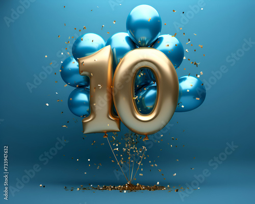 Number 10 gold foil balloon with sequins. Blue background. 3D Render