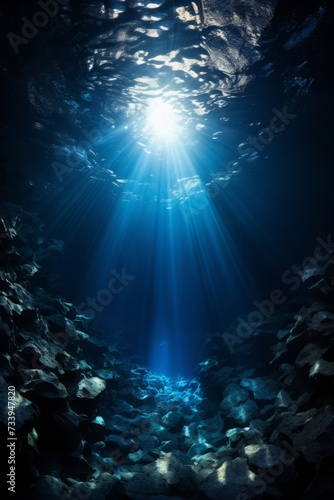 Underwater sunlight shining through the water surface