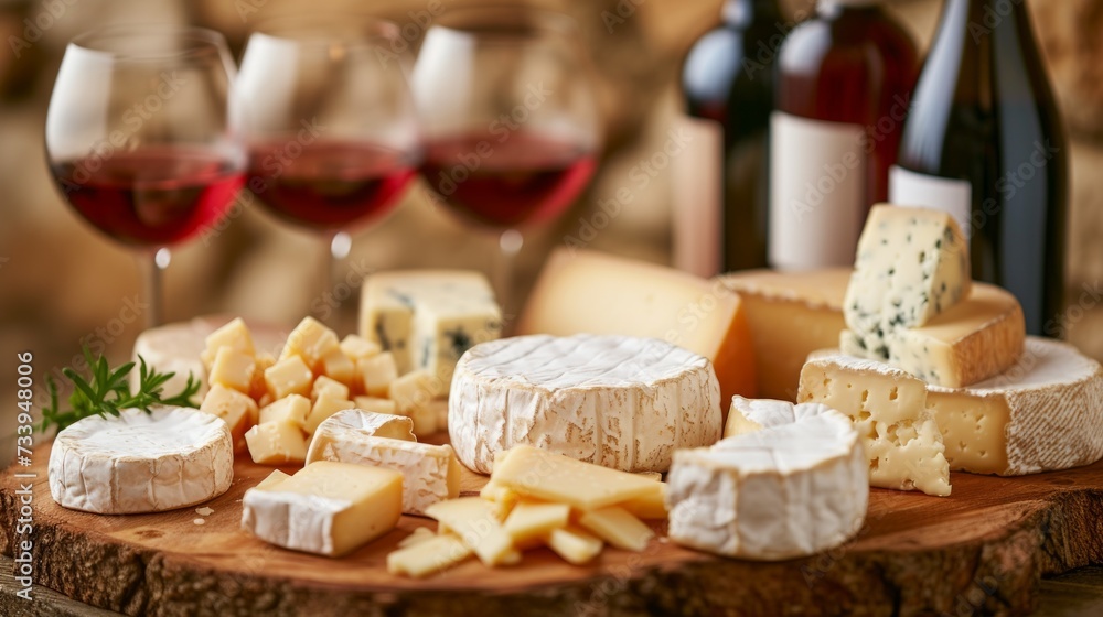 An assortment of French cheeses and red wine An assortment of French cheeses and red wine