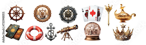 Collection of Nautical and Royal Icons: Ship Wheels, Anchor, Telescope, Crown, and More for Diverse Design
