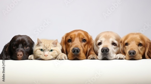 A Cat and Four Dogs Peeking Over a Wall