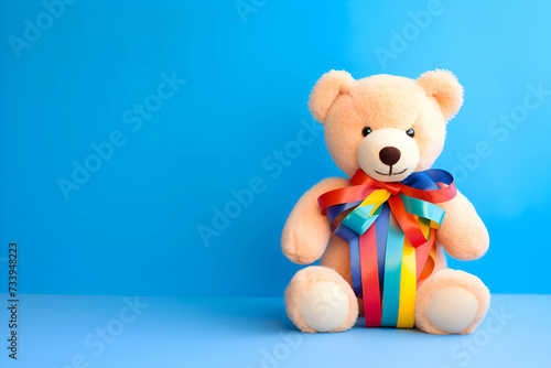 Teddy bear with colorful ribbon on blue background. Copy space.