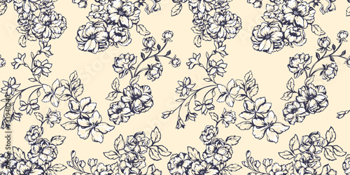 Blooming stylized meadow seamless pattern. Abstract wild floral stems pattern on a light background. Artistic creative lines, outlines branches flowers patterned. Vector hand drawn sketch.