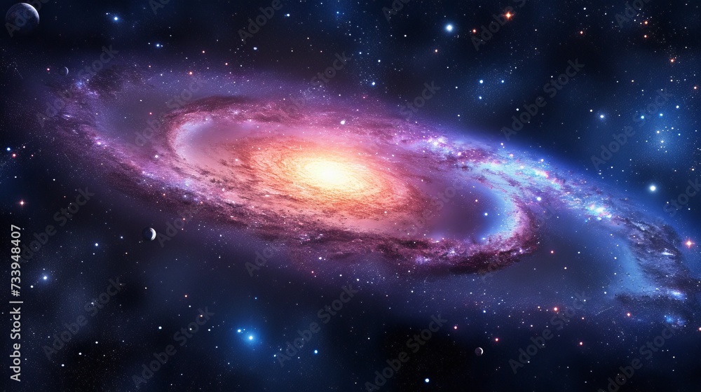 Spiral galaxy with bright center and blue and pink hues