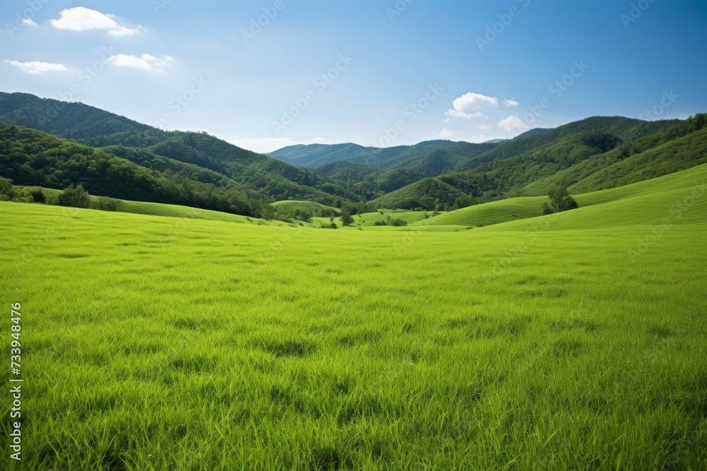A verdant landscape with rolling hills and a blue sky
