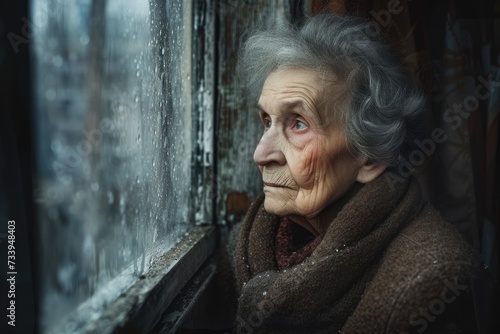 Solitary and reflective, an elderly woman stands by the window, gazing into the distance.