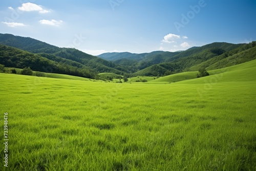 A verdant landscape with rolling hills and a blue sky