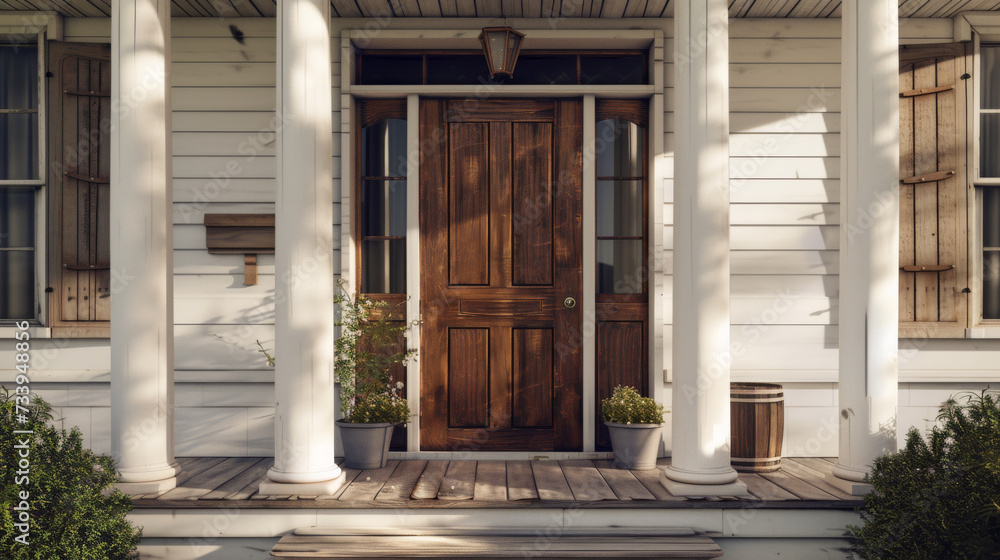 Main entrance door in house. Wooden front door with gabled porch and landing. Exterior of georgian style home cottage with columns Main entrance door in house. Wooden front door with gabled porch and landing. Exterior of georgian style home cottage with columns