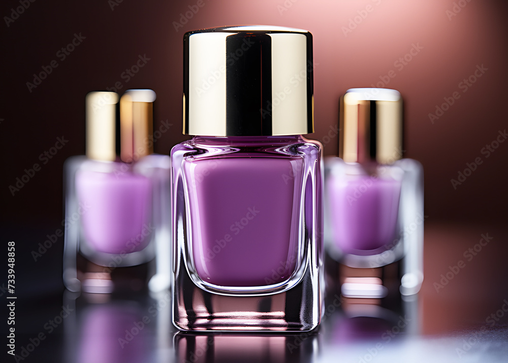 Shiny purple nail polish in closed Sphere bottle on purple bottle blurred background. Fashion Beauty Varnish. Cosmetics for women. Realistic clipart template pattern.