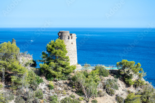 Mediterranean coastal landscape. Historic Torre Vigia De Cerro Gordo, a watchtower looking out for any marauding pirates. La Herradura, Andulasia, Southern Spain