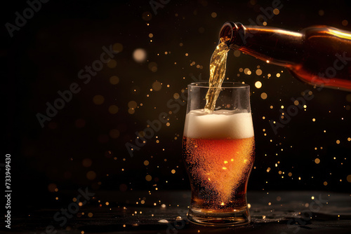 Light beer foams and pouring from bottle in glass on dark background.