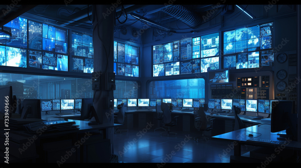 Industry 4.0 Modern Factory: Security Control Room with Multipoke Computer Screens Showing Surveillance Camera Footage Feed. High-Tech Security
Industry 4.0 Modern Factory: Security Control Room with Multipoke Computer Screens Showing Surveillance Camera Footage Feed. High-Tech Security
