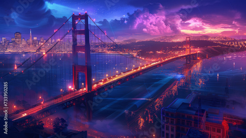intricate landscape wallpaper with vibrant night colors, video game art, san francisco bridge from above illustration
 photo