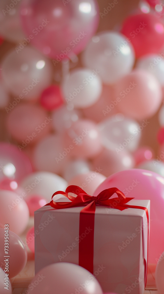 Close-up of a Valentine's Day gift wrapped in elegant paper with a red ribbon, set against a backdrop of pink and white balloons
