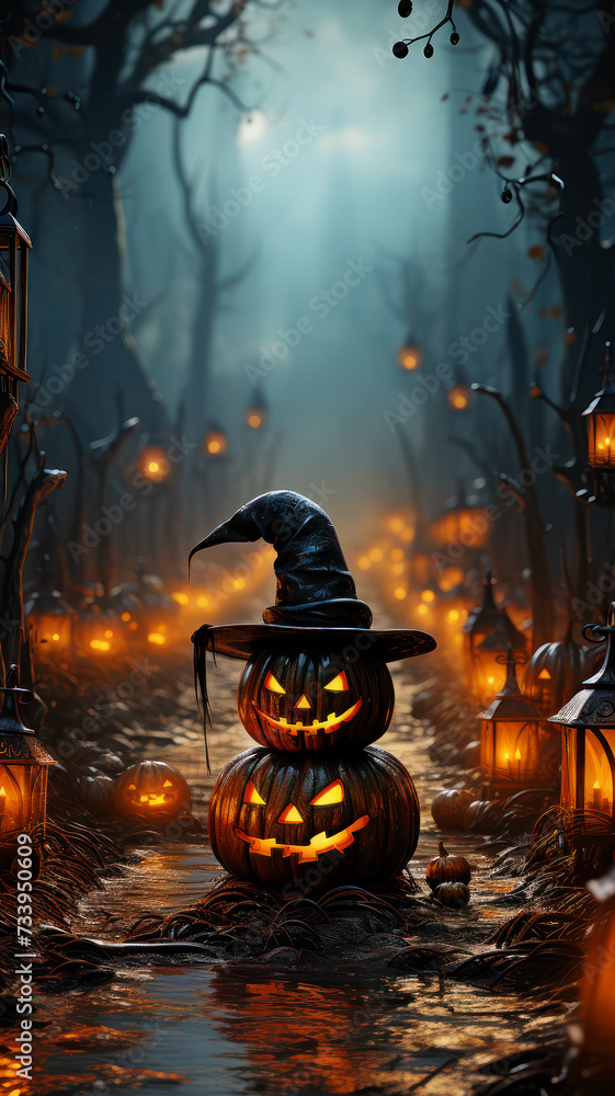 A mystical Halloween night scene with enchanted pumpkins under a moonlit sky A mystical Halloween night scene with enchanted pumpkins under a moonlit sky
