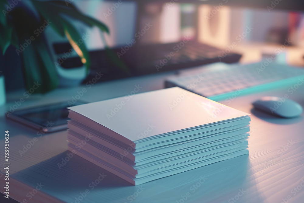 Stack of leaflet mockups on a minimalist desk setup with clean lines and a neutral color palette, uniformity and detail of the design for a professional presentation Stack of leaflet mockups on a minimalist desk setup with clean lines and a neutral color palette, uniformity and detail of the design for a professional presentation