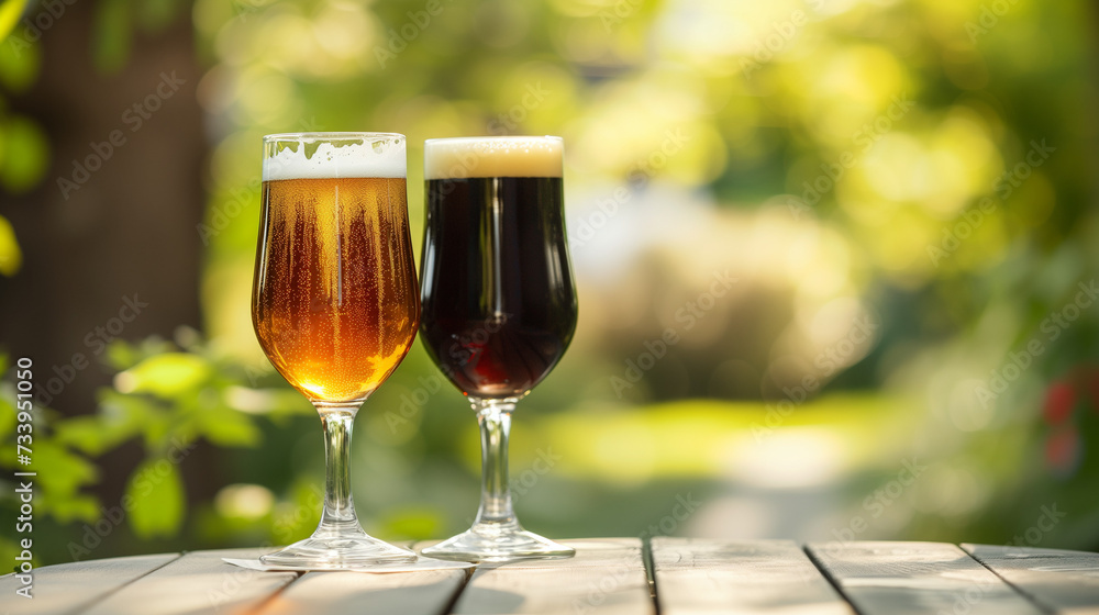 Elegant beer glasses filled with light and dark beers on an outdoor patio table, soft focus on a garden or street view in the background Elegant beer glasses filled with light and dark beers on an outdoor patio table, soft focus on a garden or street view in the background