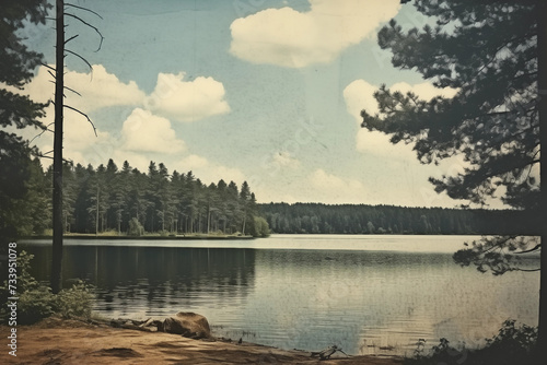 Forest lake with vintage photo effects