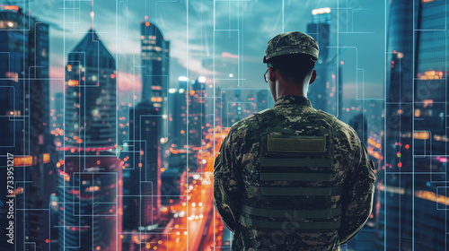 Military Surveillance Officer Working on a City Tracking Operation in a Central Office Hub for Cyber Control and Monitoring for Managing National Security, Technology and Army Communications photo