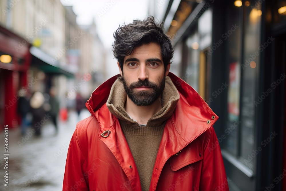 Portrait of young handsome bearded man in red raincoat in the street Portrait of young handsome bearded man in red raincoat in the street