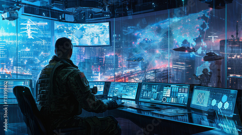 Military Surveillance Officer Working on a City Tracking Operation in a Central Office Hub for Cyber Control and Monitoring for Managing National Security, Technology and Army Communications