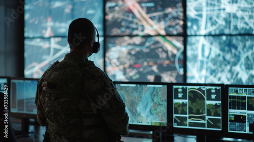 Military Surveillance Officer Working on a City Tracking Operation in a Central Office Hub for Cyber Control and Monitoring for Managing National Security, Technology and Army Communications photo