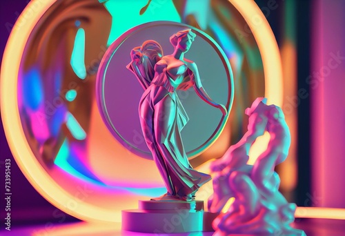 NFT non fungible tokens crypto art on colorful abstract background. glowing low poly statue of venus with chip Pay for unique collectibles in games or art. 3d render of NFT crypto art. Generative AI