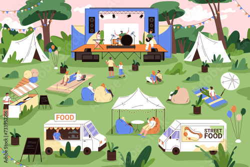 Open air festival with band on stage, food trucks and people relaxing by musicians. Vector weekends fun and rest in tents. Location for music event, concert of professional groups performers