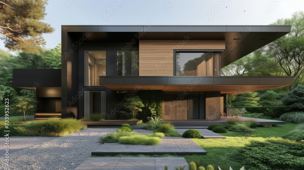 Modern luxury minimalist cubic house, villa with wooden cladding and black panel walls and landscaping design front yard. Residential architecture exterior