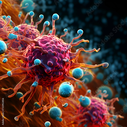 3D illustration of SARS CoV 2 virus cells. SARS CoV 2 is a viral infection of the respiratory tract. photo
