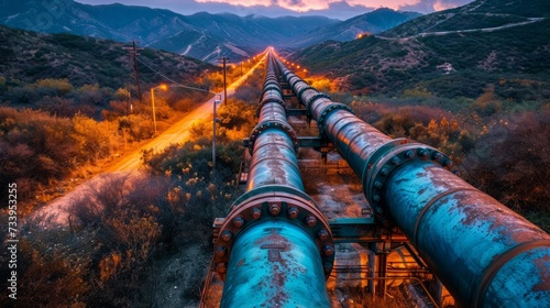 Massive crude oil pipeline system transporting petroleum products to refinery photo