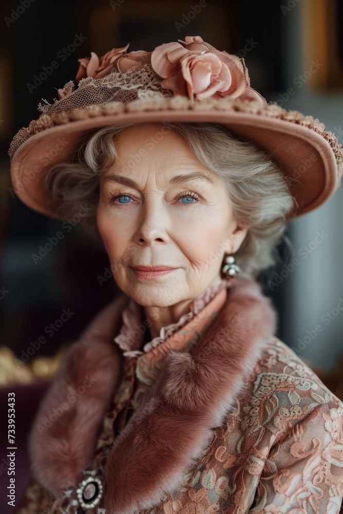 A stunning portrait capturing the elegance of a stylish elderly lady adorned in fashionable beige attire and a chic hat, radiating grace and sophistication.