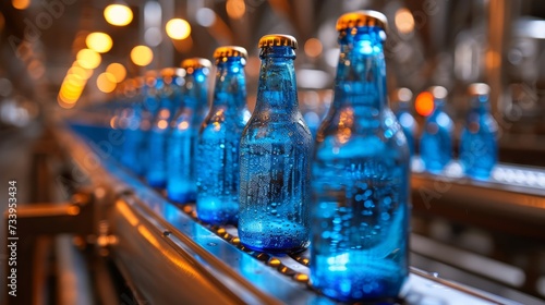 Beer bottles in brewery  close-up view of conveyor belt in manufacturing process