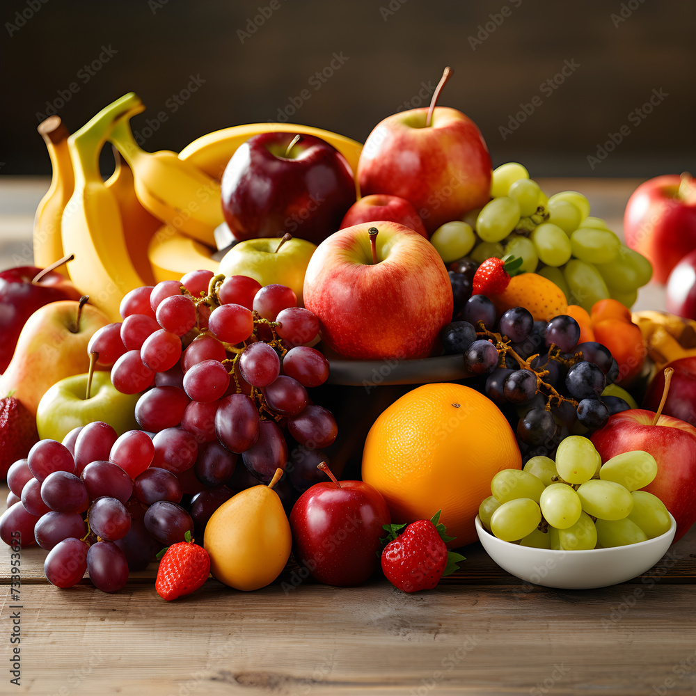 Bountiful Harvest: An Array of Colorful, Fresh Fruits on a Wooden Table Illuminated by Natural Light