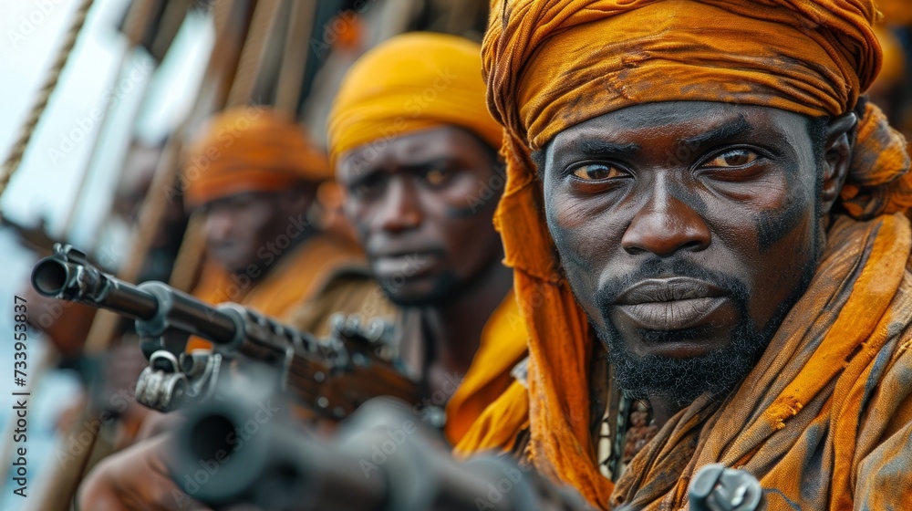High-stakes situation: african pirates armed with firearms ready to board merchant ship High-stakes situation: african pirates armed with firearms ready to board merchant ship