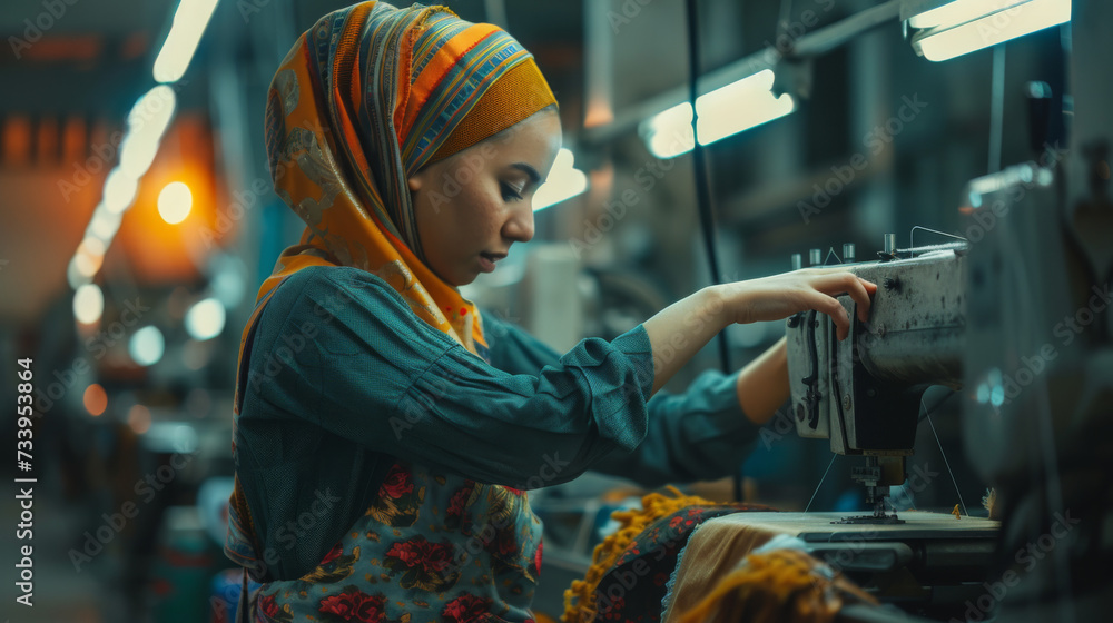 photo of asian indian seamstress with headscarf in textile factory sewing with industrial sewing machines