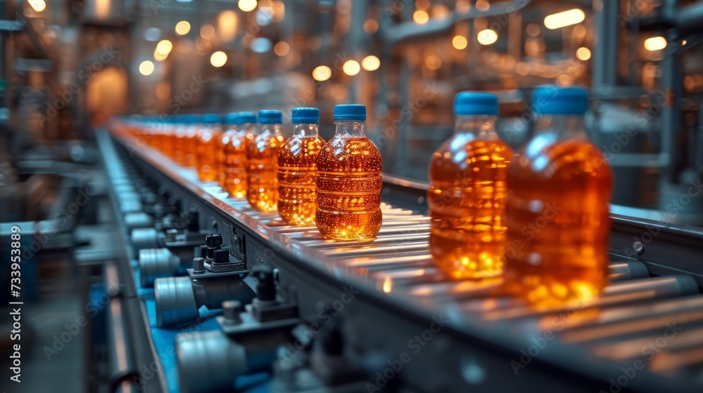 Industrial grape vinegar production process with plastic bottles and conveyor belt