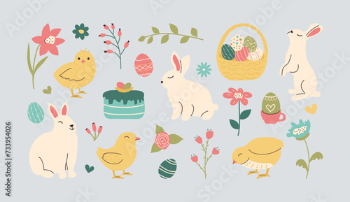 Set of hand drawn Easter characters. Cute chickens and Bunnies in doodle style. Bright cake and multicolored patterned eggs in basket in hand-drawn style. Happy Spring holidays minimalistic flowers photo