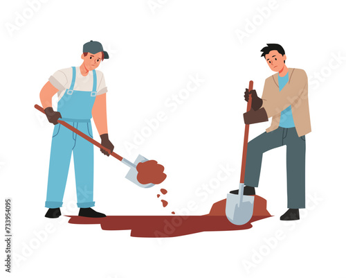 Two men dig a hole with shovels, vector funeral service workers making a burial place, pit for a grave on the cemetery