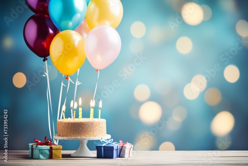 birthday cake with candles and balloons generative ai