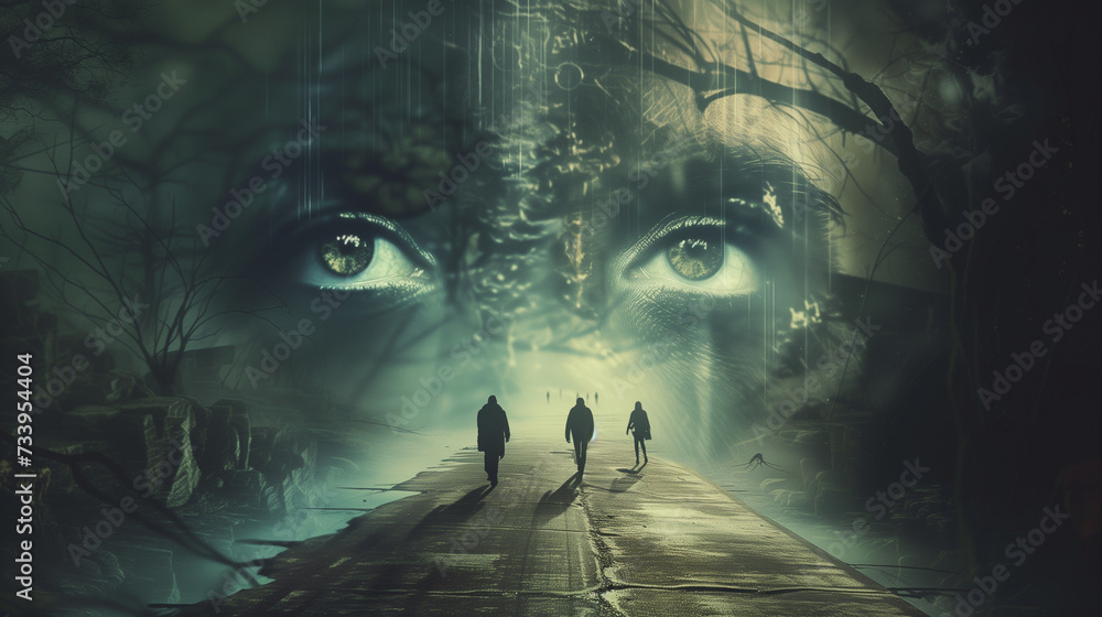 Mystery, horror, and conspiracy poster for a wallpaper, with silhouettes of three people on a road and two large eyes in the background - striking wallpaper for a cover or banner.