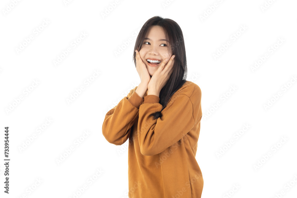 Asian woman touched her cheek and smiled happily isolated on white background with clipping path. Asian woman touched her cheek and smiled happily isolated on white background with clipping path.