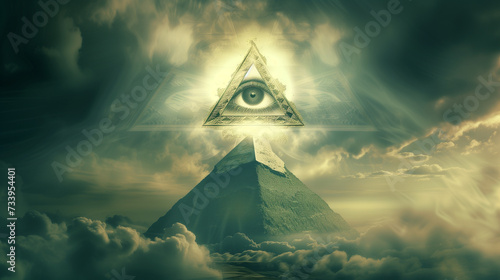 Conspiracy theory - Wallpaper featuring a pyramid, the Illuminati symbol with the eye of God in a triangle, and a landscape with clouds in the background © Domingo