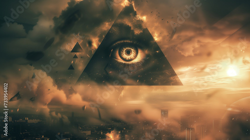 Conspiracy theory - Abstract, ominous, and mysterious wallpaper with the Illuminati symbol featuring the eye of God in a triangle, and a landscape with a city and clouds in the background at sunset © Domingo