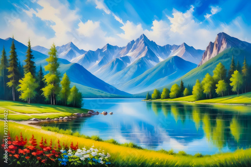 Lake and mountains, colorful landscape painting
