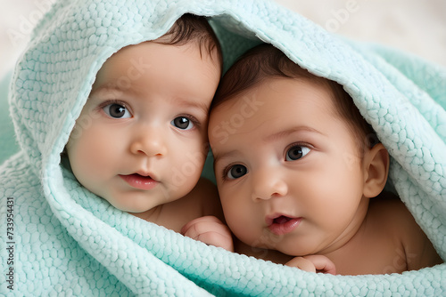 A closeup portrait of a newborn baby peeking out from a blanket