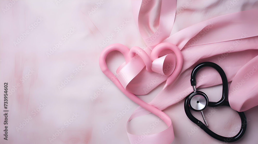 Pink ribbon and stethoscope on pink background. Copy space.